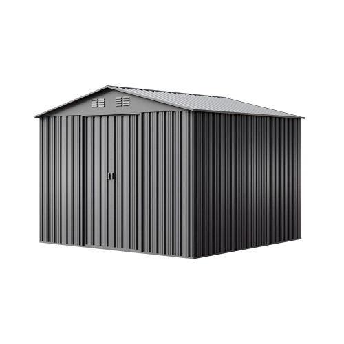 Domek narzędziowy metalowy NORDVIC Magni 283x189 cm + przesuwne Drzwi 182 cm, Ocynkowany, Dwuspadowy Dach, Wentylacja, Light Grey